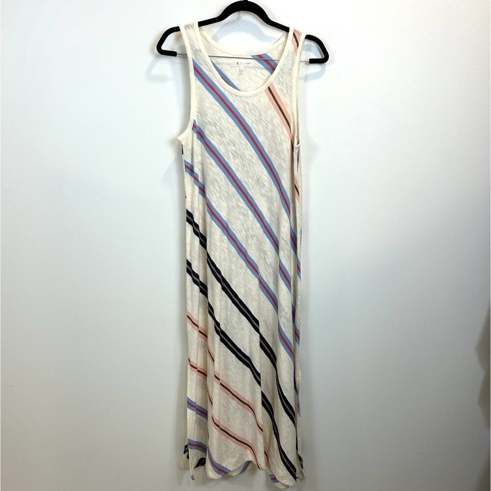 LOFT Lou & Grey Small Multi Diagonal Stripe Slub Jersey Tank Slit Maxi Dress